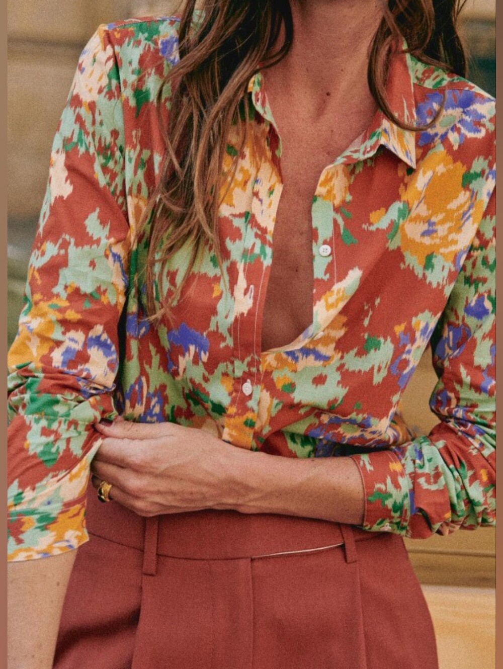 Sézane Red Multi Floral Abstract Button Down Shirt Size 34 XS
